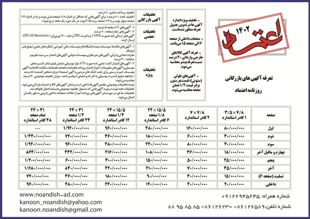 چاپ آگهی روزنامه اعتماد
