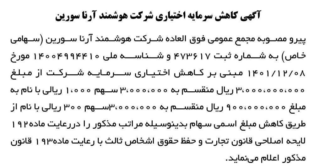 آگهی کاهش سرمایه اختیاری شرکت هوشمند آرنا سورین در روزنامه ابرار