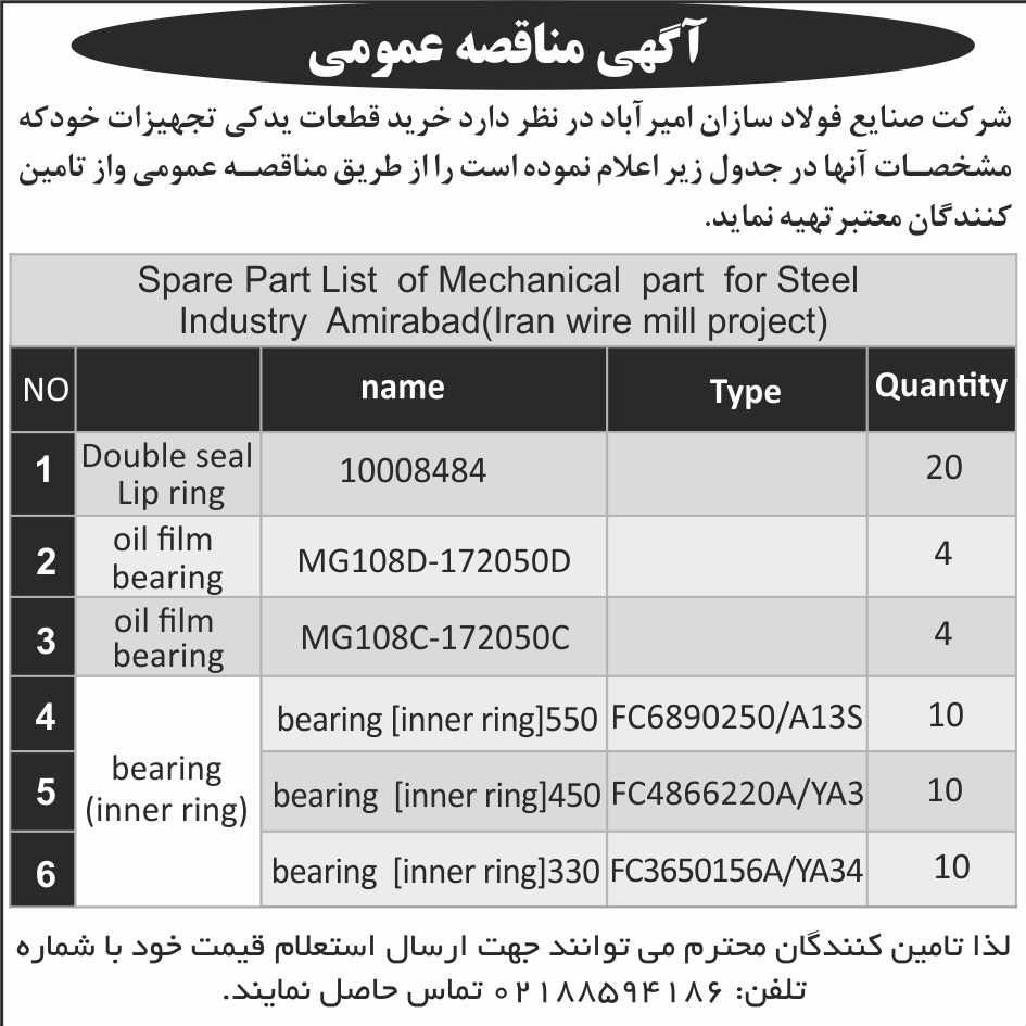 روزنامه ابرار - آگهی مناقصه قطعات یدکی مورد نیاز شرکت صنایع فولاد