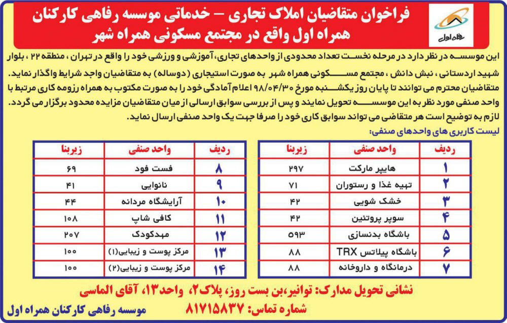 آگهی فراخوان متقاضیان املاک تجاری در روزنامه آفتاب یزد