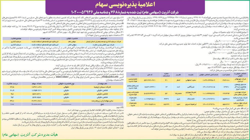 اعلامیه پذیره نویسی سهام شرکت آذریت در روزنامه دنیای اقتصاد