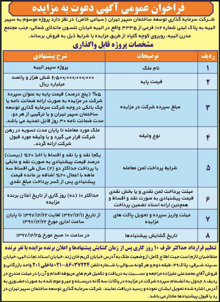 آگهی فراخوان دعوت به مزایده در روزنامه دنیای اقتصاد