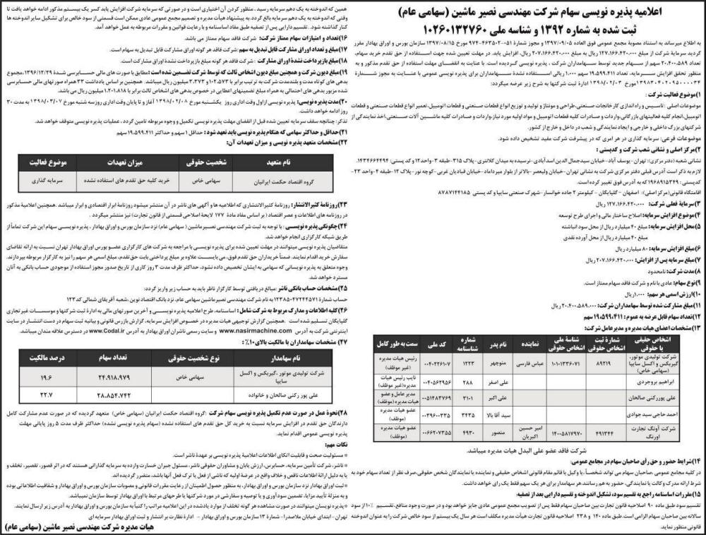 نمونه آگهی اعلامیه پذیره نویسی در روزنامه اطلاعات