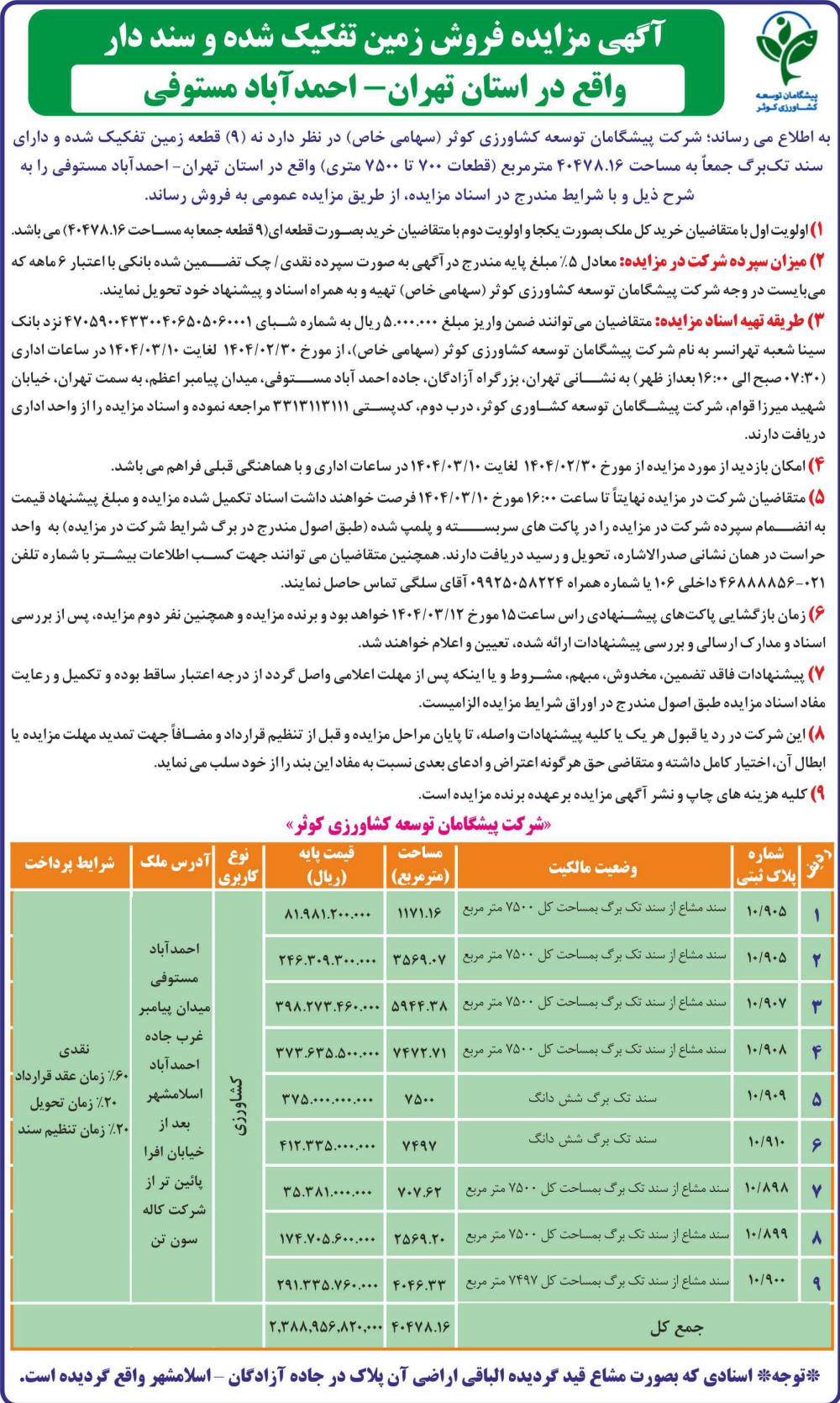 روزنامه اطلاعات - آگهی مزایده فروش زمین تفکیک شده و سند دار