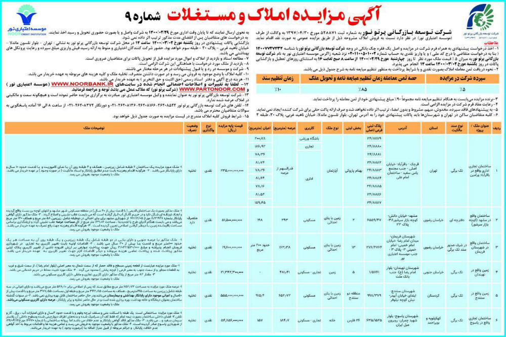 آگهی مزایده فروش املاک موسسه اعتباری نور چاپ شده در روزنامه همشهری