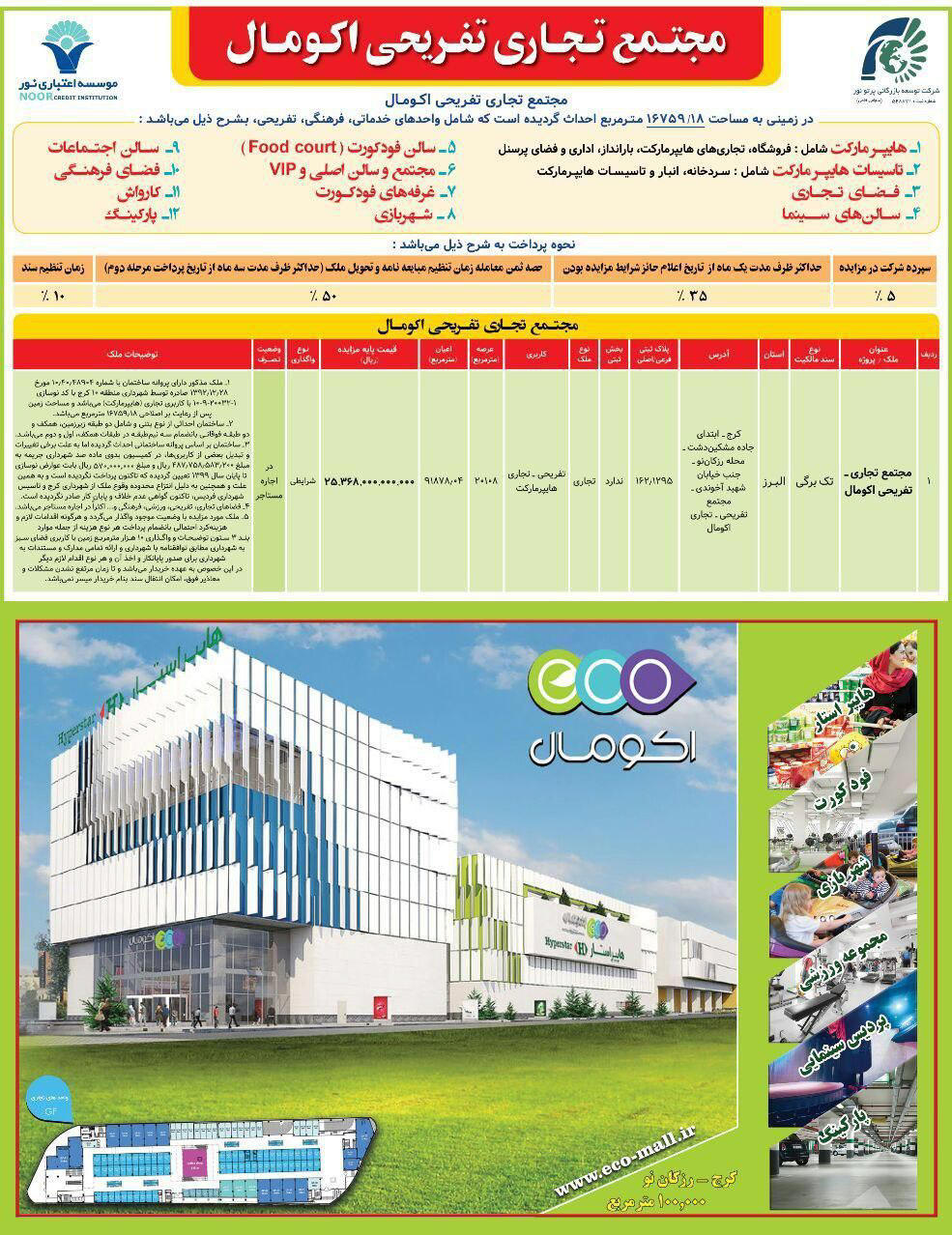 آگهی مجتمع تجاری تفریحی اکومال چاپ شده در روزنامه همشهری