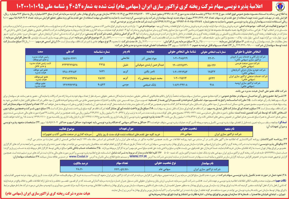 اعلامیه پذیره نویسی شرکت ریخته گری تراکتورسازی ایران در روزنامه ایران