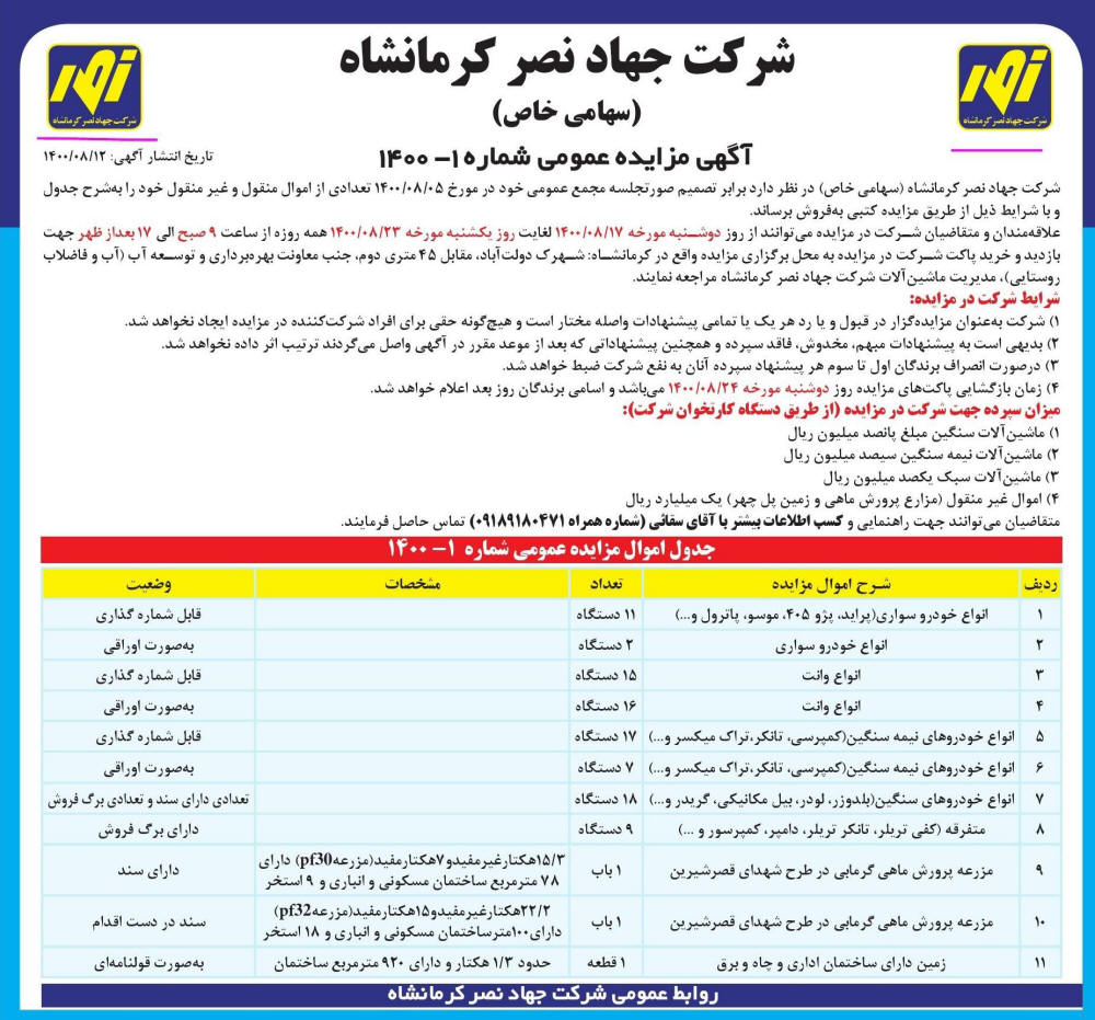 آگهی مزایده شرکت جهاد نصر کرمانشاه چاپ شده در روزنامه ایران
