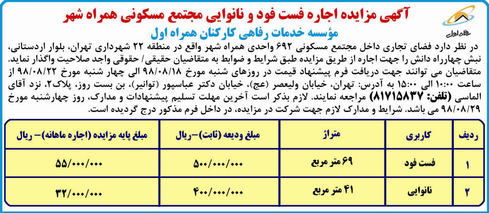 آگهی مزایده اجاره فست فود و نانوایی در روزنامه رسالت