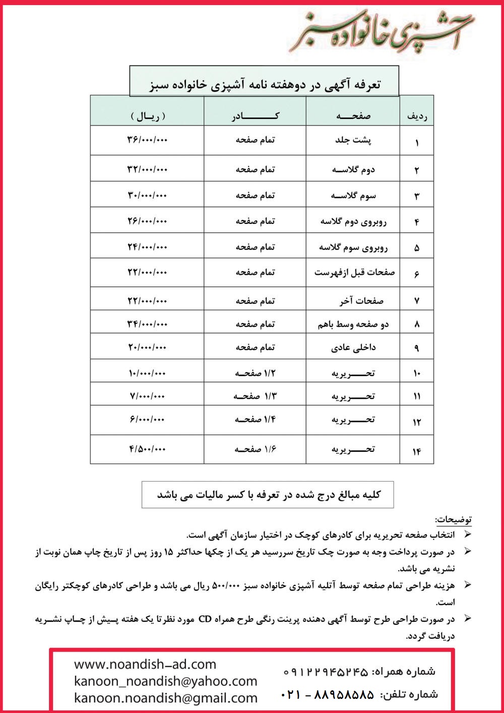 تعرفه آگهی مجله آشپزی خانواده سبز