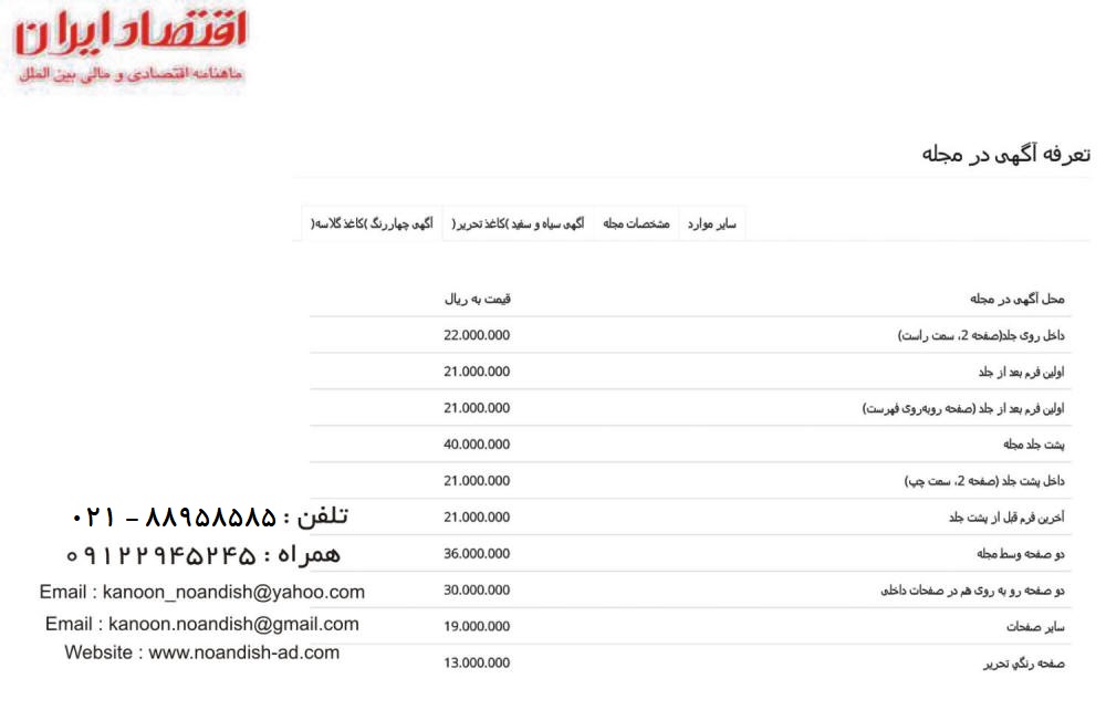 تعرفه آگهی مجله اقتصاد ایران