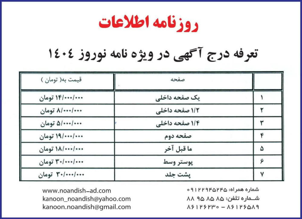 چاپ آگهی در ویژه نامه نوروز روزنامه اطلاعات