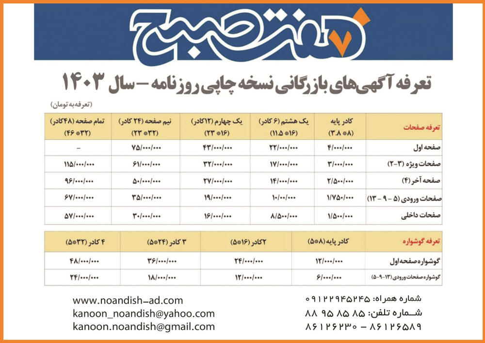 تعرفه آگهی های بازرگانی روزنامه هفت صبح