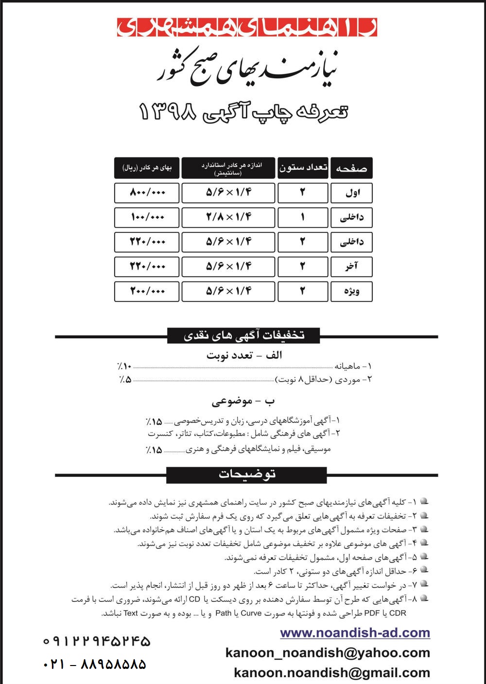 تعرفه آگهی نیازمندی های صبح کشور