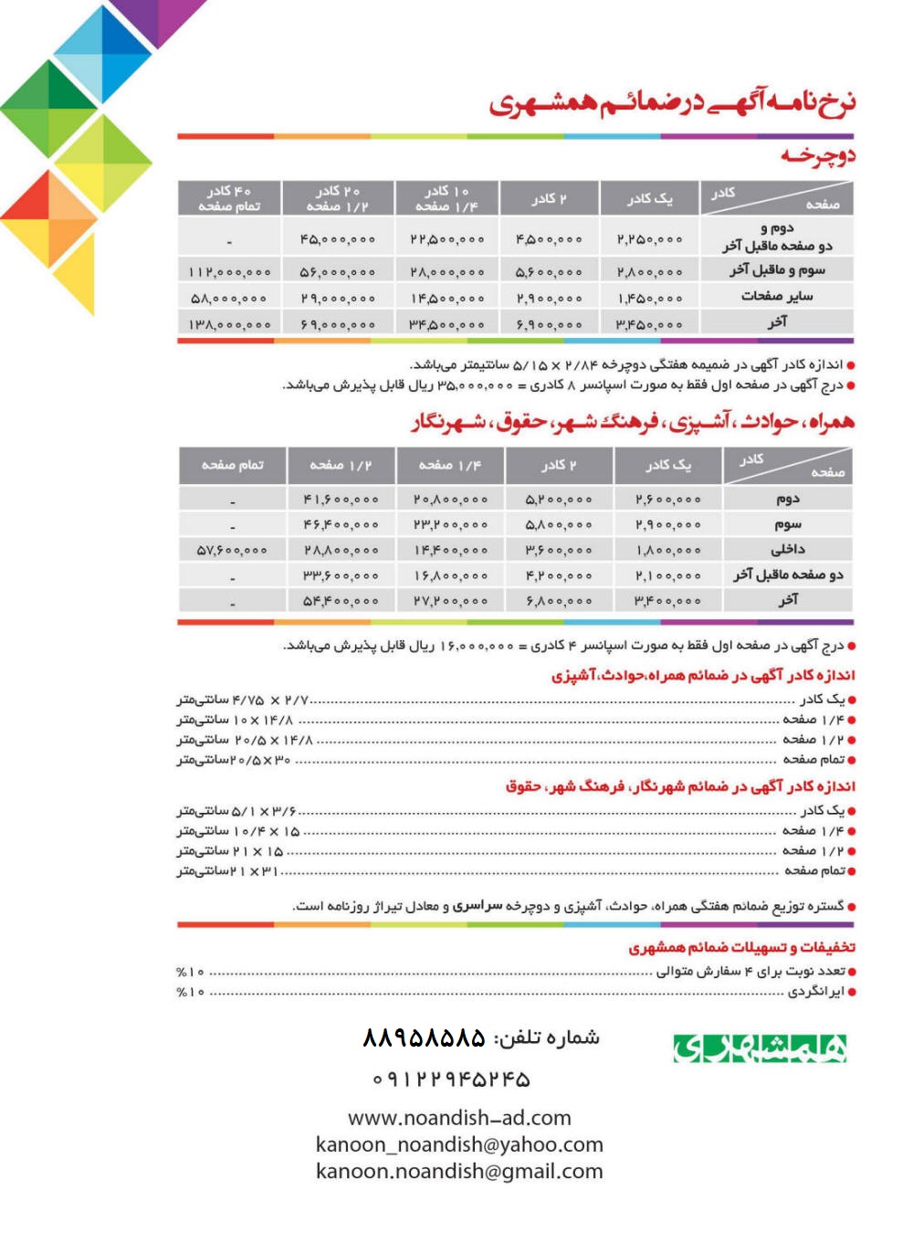 تعرفه آگهی ضمائم روزنامه همشهری