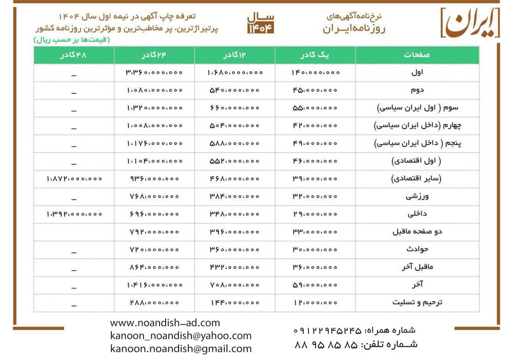 تعرفه چاپ آگهی روزنامه ایران