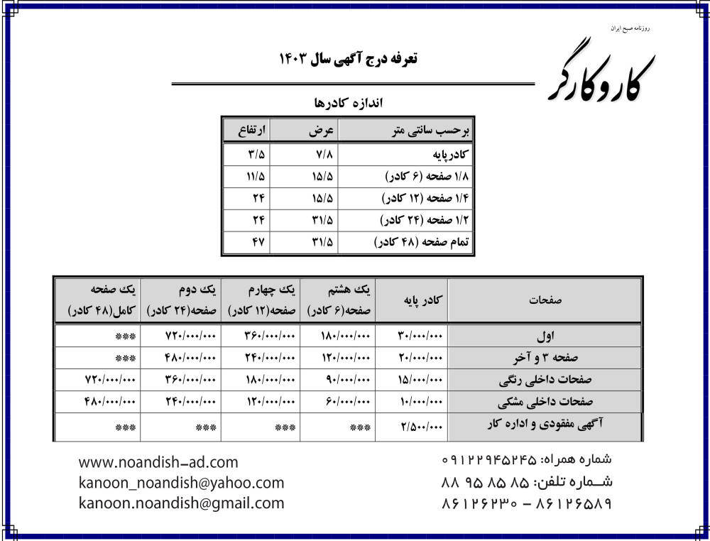 تعرفه روزنامه کاروکارگر